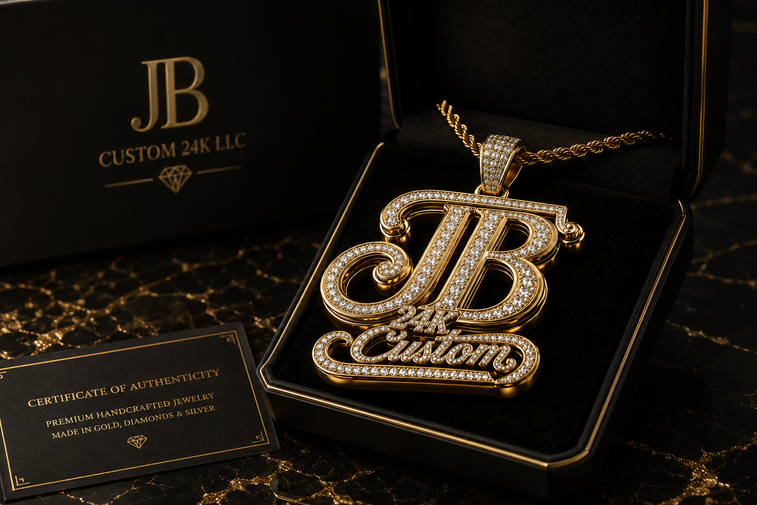 Custom JB 24K diamond gold pendant presented in a luxury box with certificate of authenticity